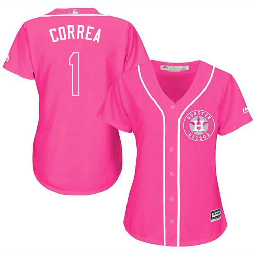 Astros #1 Carlos Correa Pink Fashion Women's Stitched MLB Jersey - Click Image to Close